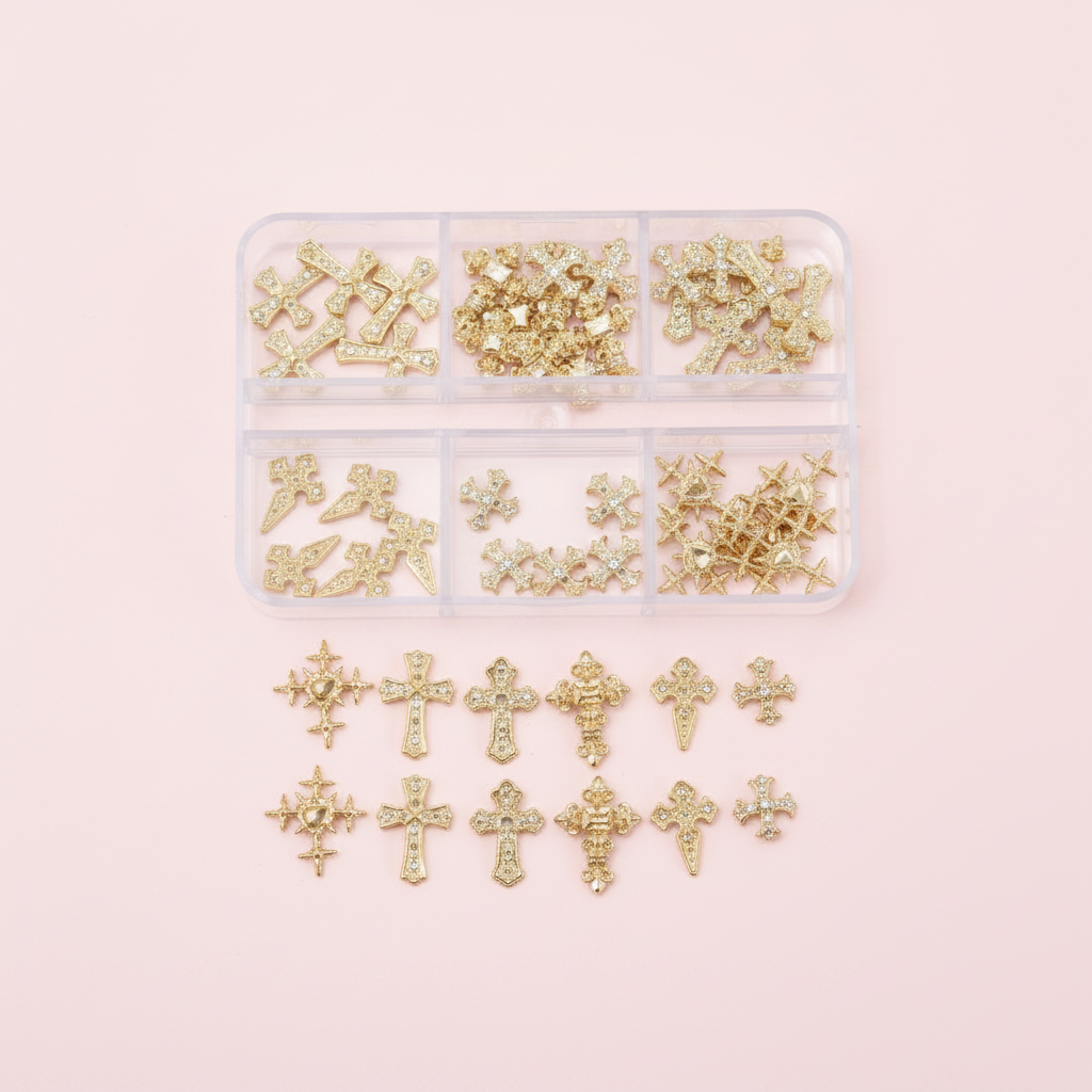 Gold Cross Nail Charms Light Pink Background