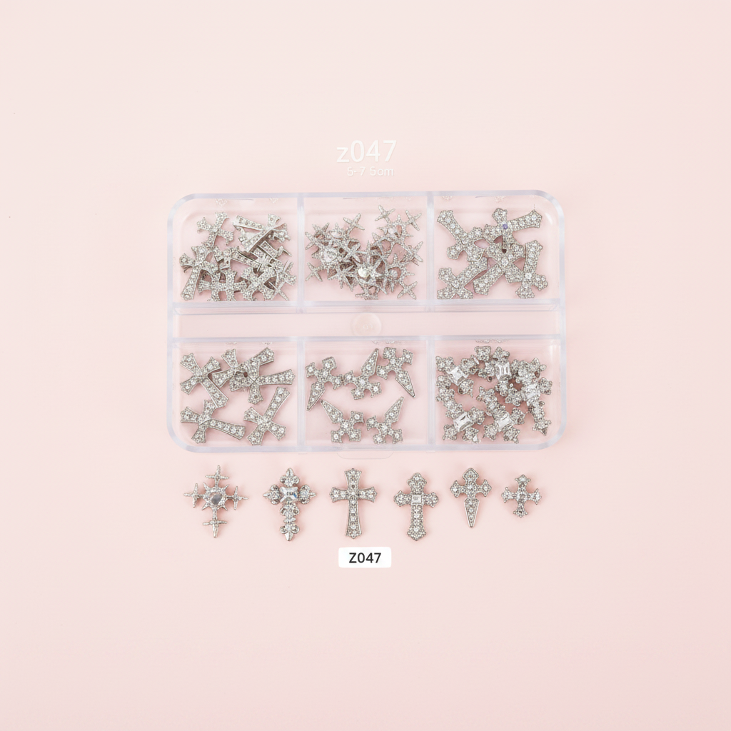 Silver Cross Nail Charms Light Pink Background